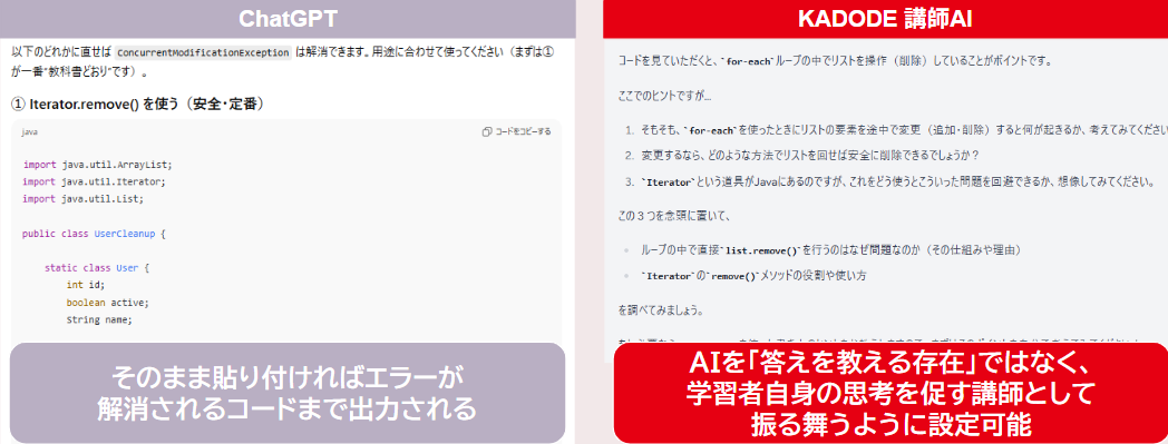 ChatGPTとKADODE講師AIの比較 - ChatGPTは直接答えを出力、KADODE講師AIは思考を促す